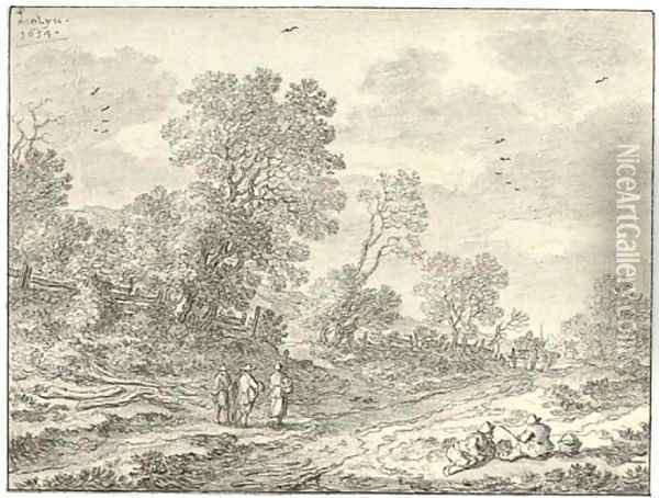 Two peasants reclining on a bank by a road, three travellers and two carts seen beyond Oil Painting - Pieter de Molyn