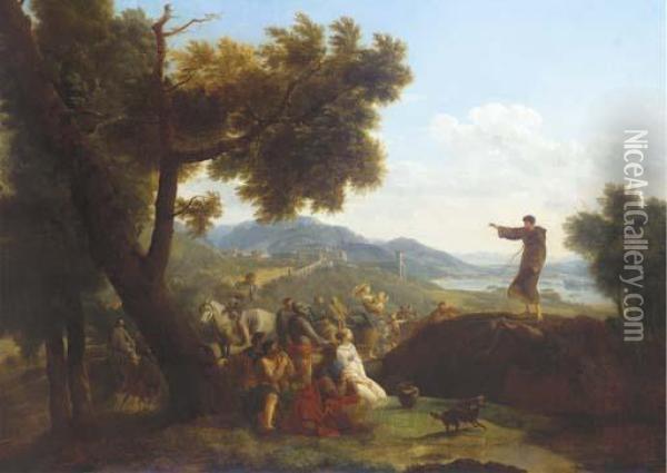 Saint Francis Preaching In An Extensive Landscape, A Town Beyond Oil Painting - Nicolas Antoine Taunay