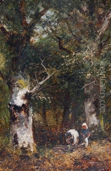 Gathering Faggots In A Woodland (pair) Oil Painting - David Bates