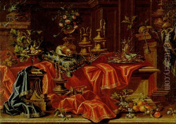 Still Life Of Numerous Gilt Ewers, Various Fruits, A Spaniel Resting On A Gold-embroidered Cushion, And Other Objects, All Arranged Within An Interior Oil Painting - Giovanni Battista Salvi (Il Sassoferrato)