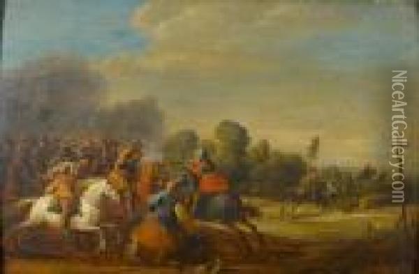 A Battle Scene With Soldiers On Horseback Oil Painting - Pieter Meulenaer
