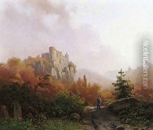 Summer: A Peasant on a Rocky Path, a Ruin in the Background Oil Painting - Alexander Joseph Daiwaille