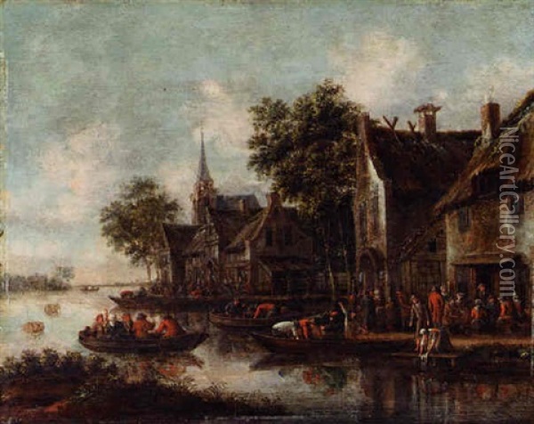 A River Landscape With Ferry Boats On The Outskirts Of A Village Oil Painting - Thomas Heeremans