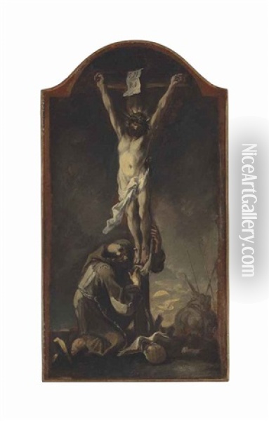 Christ On The Cross With A Kneeling Capuchin Monk Oil Painting - Alessandro Magnasco