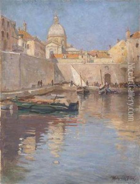 View Of The Harbour Of Dubrovnik Oil Painting - Eugen Karpathy