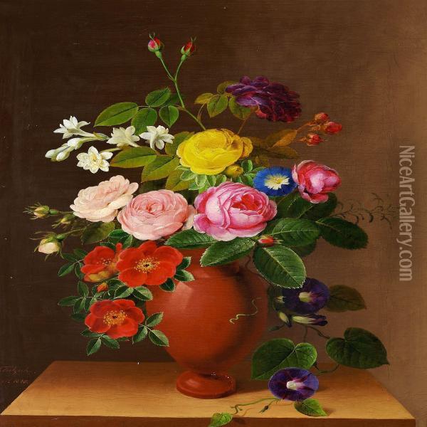 A Bunch Of Roses And Bindweed Oil Painting - Claudius Ditlev Fritzsch