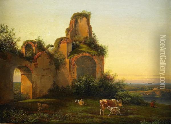 Romerskt Landskap Med Ruiner Oil Painting - Carl Stephan Bennet