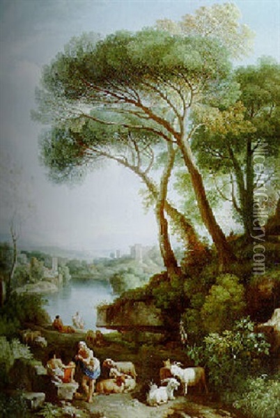A River Landscape With Shepherds Resting By A Path Oil Painting - Jan Frans van Bloemen