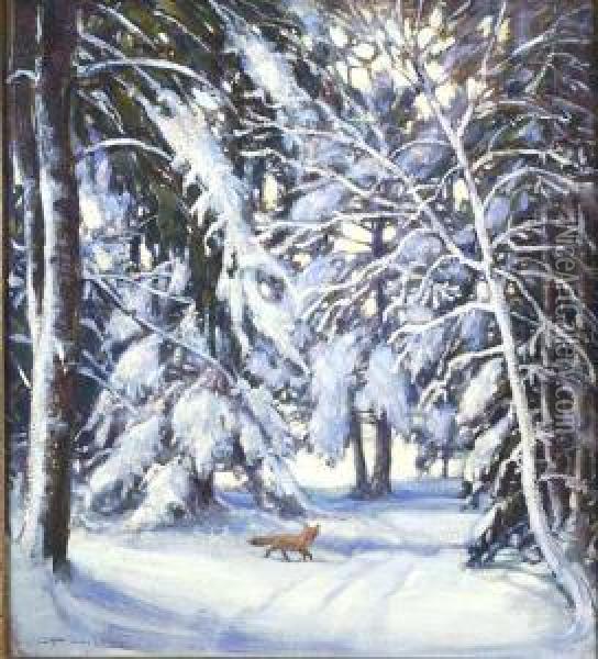 A Fox Scampersacross A Snow-filled Landscape Oil Painting - Frederick Mortimer Lamb