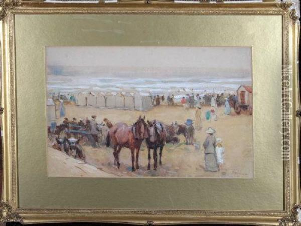 Horses And Donkeys On A Beach With A Bathing Machine And Tents At The Shore Oil Painting - John Atkinson
