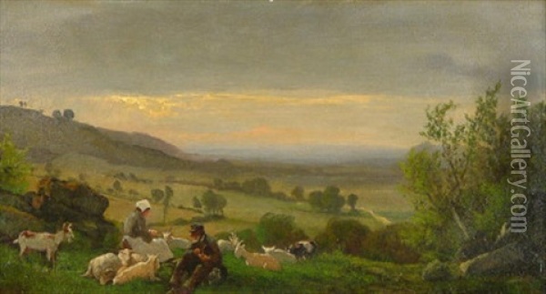 Weite Landschaft Im Abendlicht. Im Vordergrund Ziegenhirten Oil Painting - Eduard Schonfeld