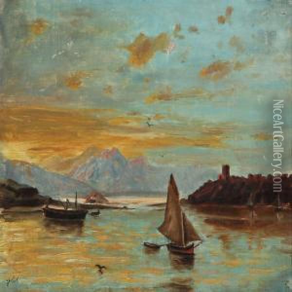 Fiord Scene With Sailing Ships Oil Painting - Johannes Gijsbert Vogel