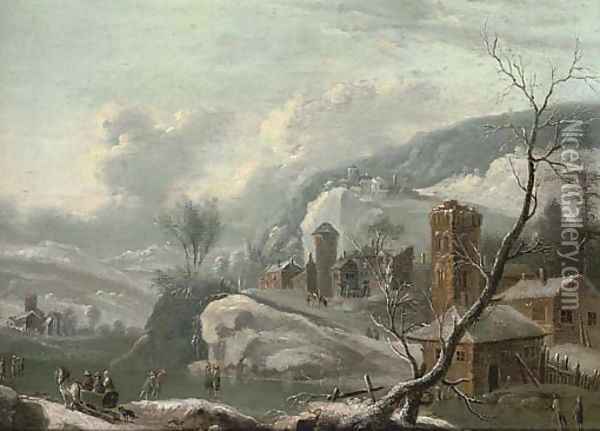 A winter landscape with figures skating, a town beyond Oil Painting - Francesco Foschi