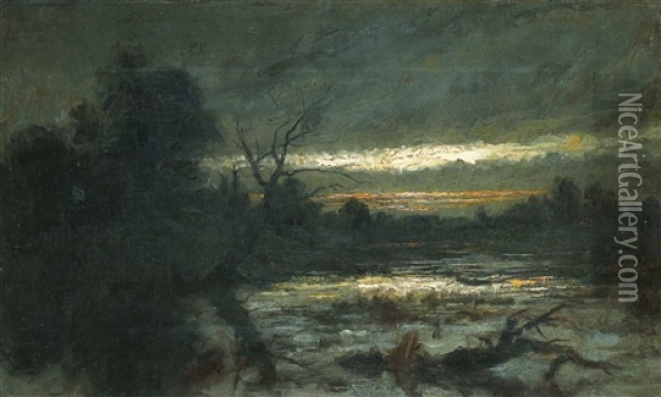 Solnedgang Over Mork Tjarn Oil Painting - Carl Fredrik Hill