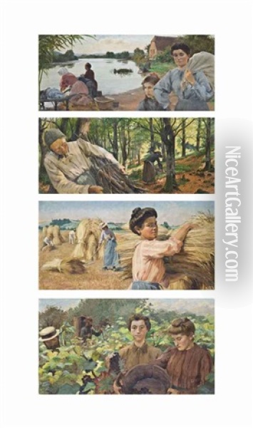 Allegories Of The Four Seasons: Les Lavandieres; La Moisson; Les Vendages; Les Fagotteuses (set Of 4) Oil Painting - Georges-Marie-Julien Girardot