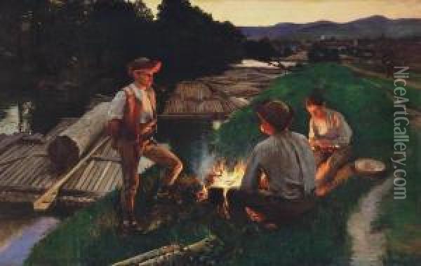 Campfire On The River Bank (raftsmen By The River Garam), Around 1905 Oil Painting - Dome Skuteczky