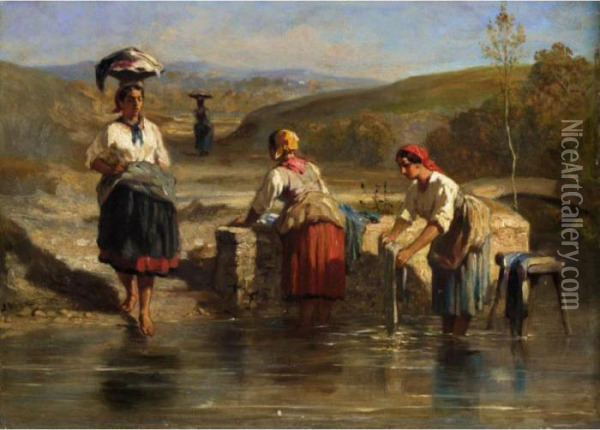 Washer Women Oil Painting - Jules Jacques Veyrassat