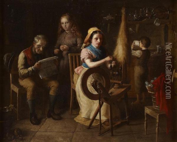 The Spinning Wheel Oil Painting - Hugh Collins