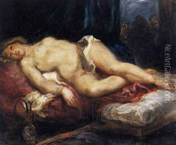 Odalisque Reclining on a Divan 1827-28 Oil Painting - Eugene Delacroix