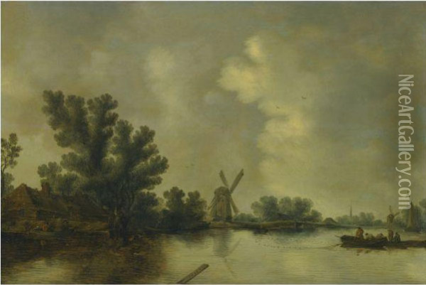 A River Landscape With Fishermen Casting Their Net, A Windmillbeyond Oil Painting - Pieter de Neyn