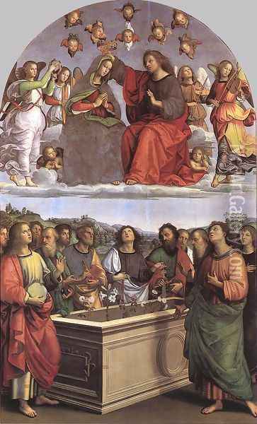 The Crowning of the Virgin (Oddi altar) Oil Painting - Raffaelo Sanzio