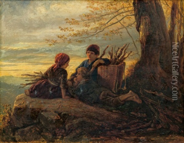 Drei Kinder Beim Holzsammeln Oil Painting - Theodor (Fried. Wilhelm Heinrich Th.) Hosemann