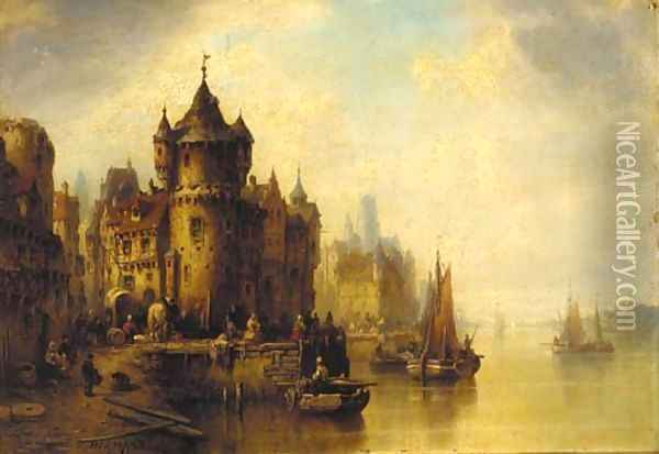 A town on a river Oil Painting - Ludwig Hermann