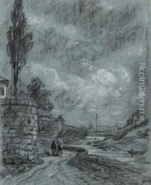 Figures Below Castle Ramparts On The Banks Of A River Oil Painting - George James Rowe