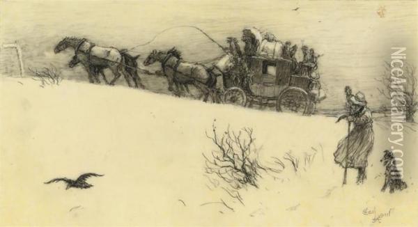 The Stagecoach Struggling Up A Snowy Hill Oil Painting - Cecil Charles Aldin