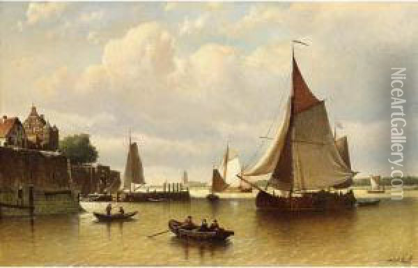 Ships At Low Tide A Village Beyond Oil Painting - Johan Adolph Rust