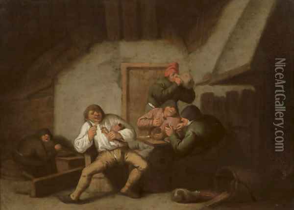 The Sense of Taste Boors drinking and smoking by a fireplace in an inn Oil Painting - Anthonie Victorijns