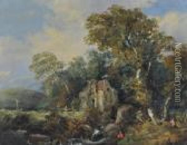 Figures Near An Old Watermill Oil Painting - John Crome