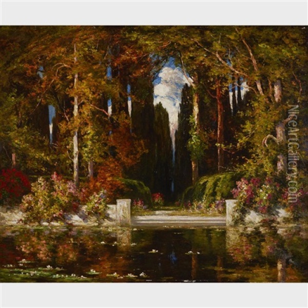 An Estate Garden Oil Painting - Thomas Edwin Mostyn