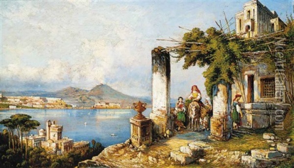 Posillipo With Figures Riding A Donkey Oil Painting - Consalvo Carelli