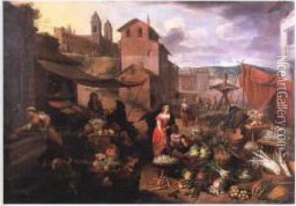 Scene De Marche Sur La Piazza Del Popolo Oil Painting - Matheus van Helmont