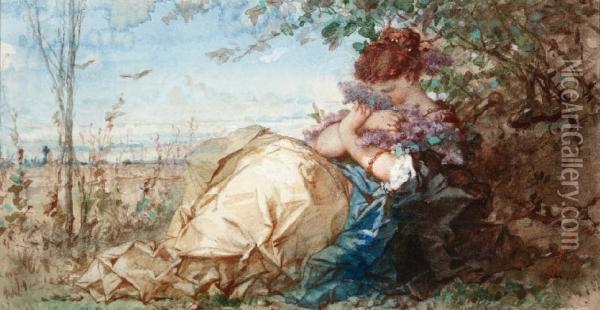 Zittend Meisje Met Geurende Bloemen Oil Painting - Edouard Charles De Beaumont