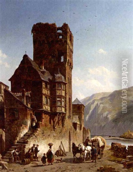 A Busy Street Scene In A River Side Town Oil Painting - Jacques Francois Carabain
