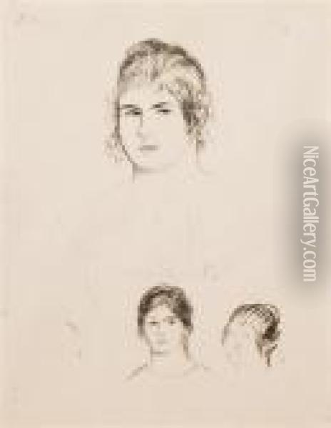 Trois Equisses De Visage, Gabrielle Oil Painting - Pierre Auguste Renoir