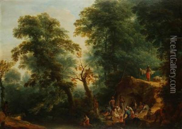 Travellers In A Landscape Oil Painting - Johann Andreas Herrlein