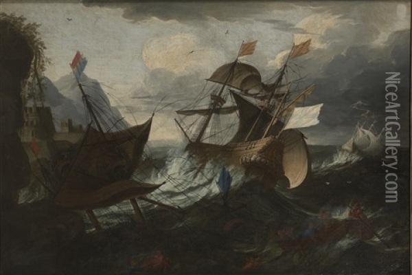 Dutch And Spanish Ships In Distress In A Heavy Gale Near A Rocky Coast, A Rowing Boat With Crew In The Foreground Oil Painting - Pieter Mulier the Younger