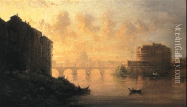 Sunset On The Tiber (sunset, Rome-castle Of St. Angelo) Oil Painting - George Loring Brown