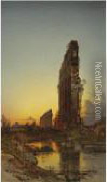 Ruins At Sunset Oil Painting - Hermann David Salomon Corrodi