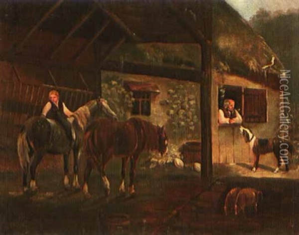 Zwei Pferde Mit Jungem Reiter Vor Bauernhaus (after Conrad Gessner) Oil Painting - Johann Caspar Schinz