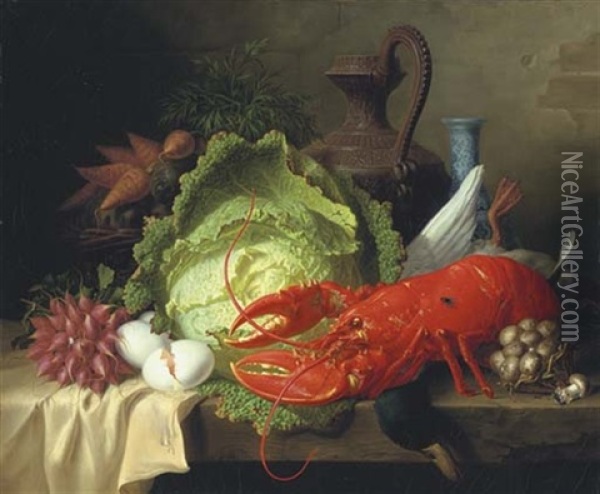 Still Life With Lobster Oil Painting - Ange Louis Guillaume Lesourd-Beauregard