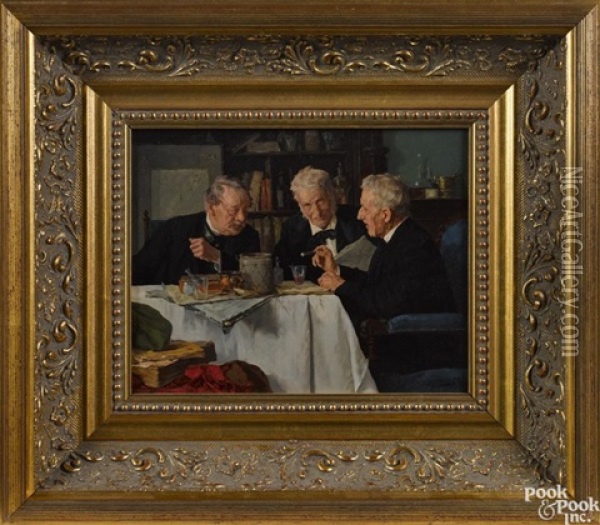 Three Men Conversing Oil Painting - Louis Charles Moeller