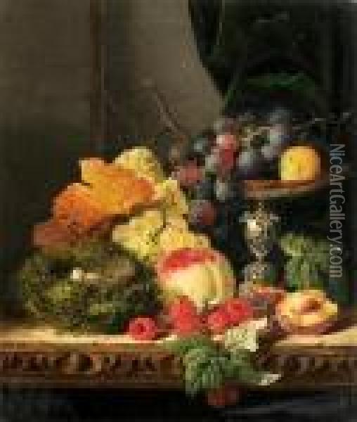 Still Life With Fruit, Leaves And A Bird's Nest On A Ledge Oil Painting - Edward Ladell