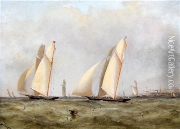 Racing Yachts Racing With Paddlesteamers And Pavilion In The Distance (pair) Oil Painting - Henry Sargent