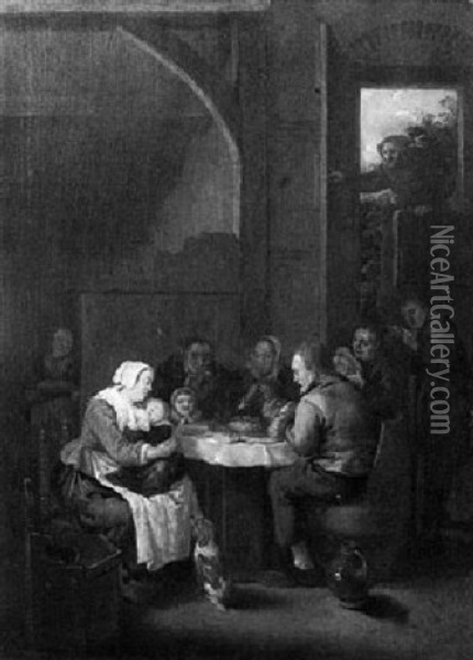 A Peasant Family Saying Grace Around A Table Laiden With    Food, Whilst A Mother Suckles Her Child Oil Painting - Bartholomeus Molenaer