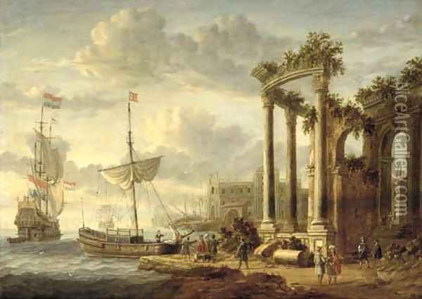 A Mediterranean harbour with a capriccio of classical ruins and a palace with a Dutch man-o'war and other shipping Oil Painting - Jacobus Storck