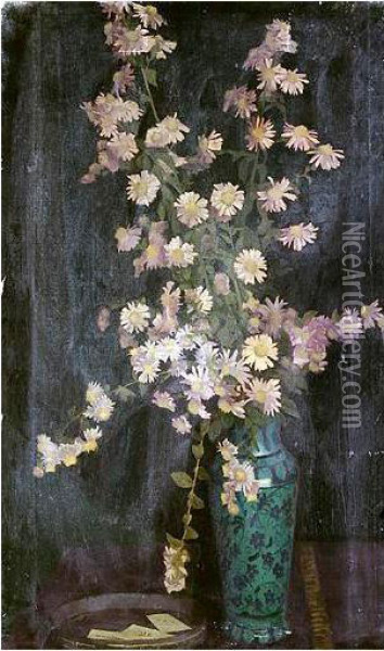 Still Life Of Flowers In A Tall Blue Cloisonne Vase Oil Painting - William M. Milner